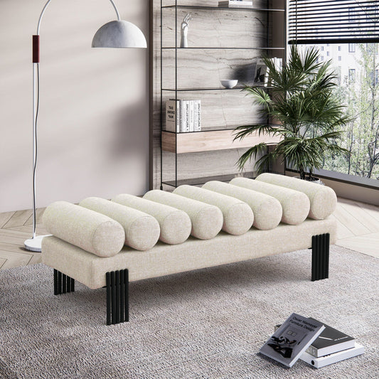 Akeela Stylish Upholstered Fabric Bench with Rolled Cushion Top and Modern Black Metal Legs