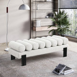 Akeela Stylish Upholstered Fabric Bench with Rolled Cushion Top and Modern Black Metal Legs