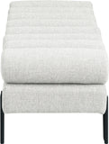 Akeela Stylish Upholstered Fabric Bench with Rolled Cushion Top and Modern Black Metal Legs