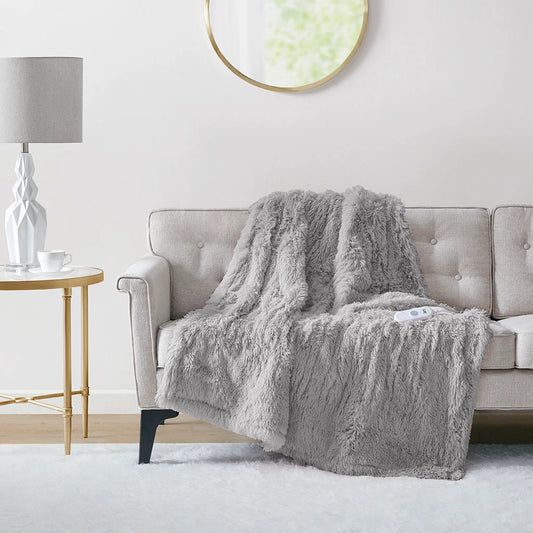 Heated 50x60" Shaggy Faux Fur Electric Throw Blanket, Grey