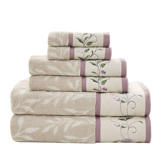 Embroidered Cotton Jacquard 6-Piece Towel Set, Purple