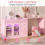 Rotatable L-Shaped Vanity Desk with Led Light, Double Arched