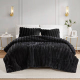 3 Piece Ultra Soft Faux Fur Ribbed Comforter Set, Black