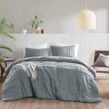 Grid Textured Soft Washed Pleated Comforter Set, Blue/Grey