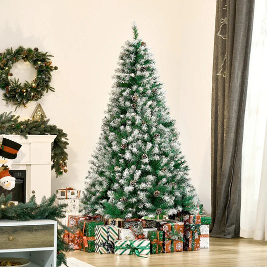 HOMCOM 6ft Unlit Snow-Dusted Full Fir Artificial Christmas Tree with Realistic Branches, 61 Pine Cones and 800 Tips