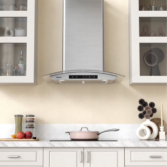 CIARRA 30 inch Glass Wall Mount Range Hood, 650 CFM 3-Speed Extraction, Wave & Touch Control Kitchen Hood CAS75502-N-OW