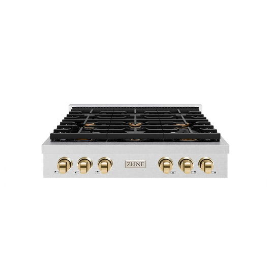 ZLINE 36" Paramount Gas Rangetop DuraSnow® Stainless Steel Polished Gold SRTSZ-36-G