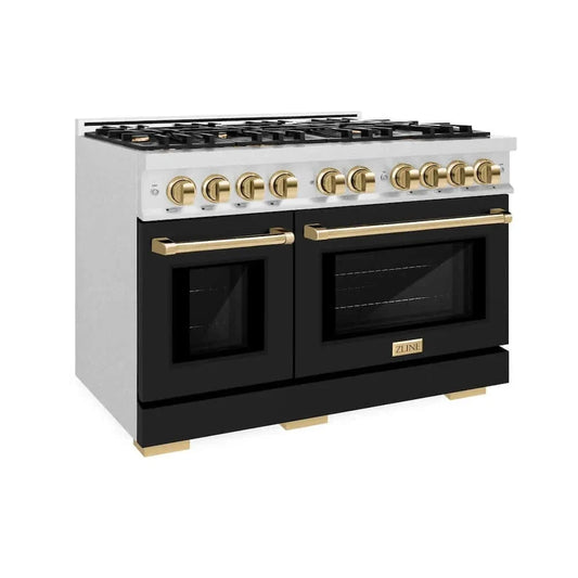 ZLINE 48" Select Dual Fuel Range Gas Cooktop Electric Convection Oven DuraSnow® Stainless Steel Black Matte Door Gold HDRSZ-BLM-48-G