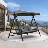 PURPLE LEAF Porch Swing with Adjustable Tilt Canopy Patio Swing with Stand and Meatl Steel Frame All-Weather Outdoor Swing Chair Seat Space-Saving for Backyard Garden Deck