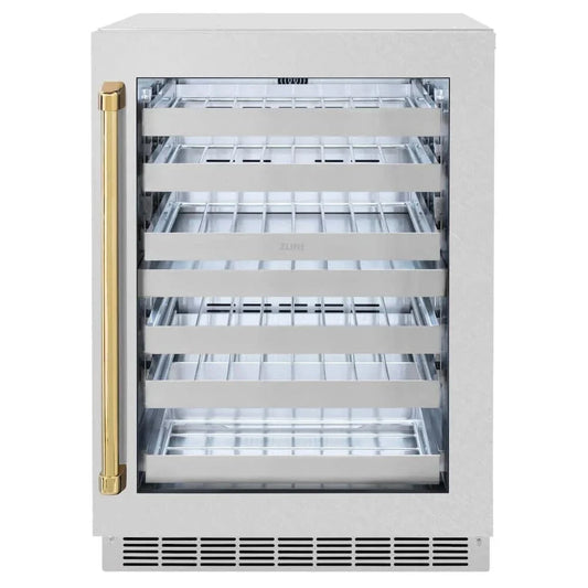 ZLINE 24" Touchstone Dual Zone 44 Bottle Wine Cooler DuraSnow® Stainless Steel Glass Door Polished Gold Handle RWDOZ-SN-24-G