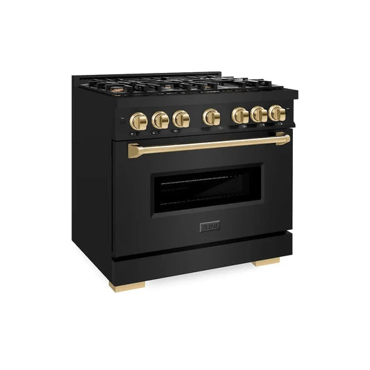 ZLINE 36" Dual Fuel Range, Gas Cooktop, Electric Convection Oven Black Stainless Steel, Gold CDRBZ-36-G