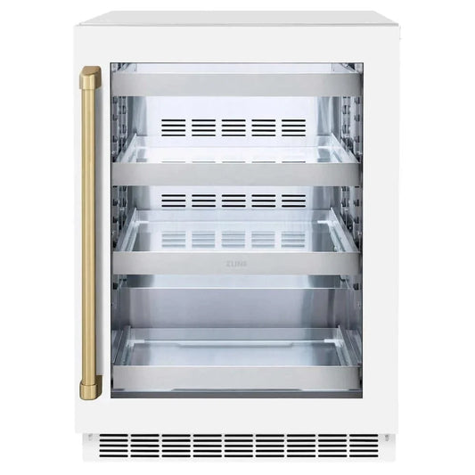 ZLINE 24" Touchstone 151 Can Beverage Fridge White Matte Glass Door Champagne Bronze Handle RBSOZ-WM-24-CB