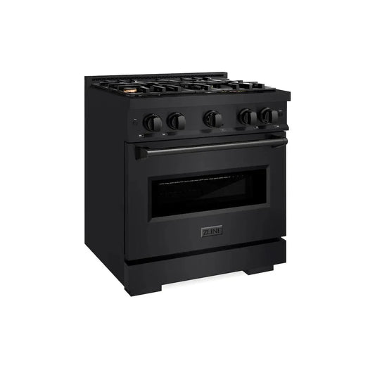 ZLINE 30" Dual Fuel Range, Gas Cooktop, Electric Convection Oven Black Stainless Steel Brass Burners, CDRB-BR-30