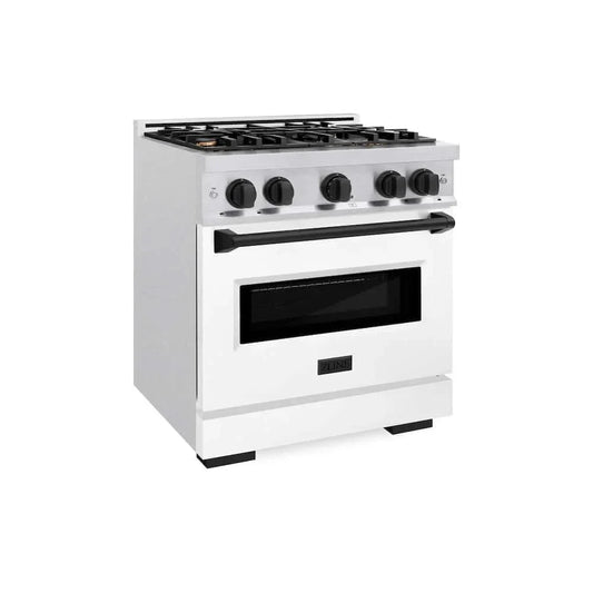 ZLINE 30" Dual Fuel Range, Gas Cooktop, Electric Convection Oven DuraSnow® Stainless Steel, White Matte Door, Matte Black CDRSZ-WM-30-MB