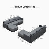 PURPLE LEAF Sanori L-Shaped Patio Couch Set Modular Sofa with Grey Cushions and Ottoman for Backyard