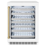 ZLINE 24" Touchstone Dual Zone 44 Bottle Wine Cooler White Matte Glass Door Champagne Bronze Handle RWDOZ-WM-24-CB