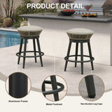 PURPLE LEAF Outdoor Swivel Bar Stools Set of 2 Metal Modern Rattan Bar Chairs with Backrest Aluminum Woven Barstools with Cushions