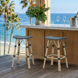 PURPLE LEAF Outdoor Bar Stools Set of 2 Backless Rattan Barstools with Saddle Seat and Footrest All Weather Aluminum Bar Chairs for Patio Kitchen Island Pool Balcony