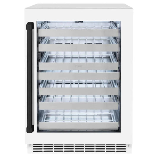 ZLINE 24" Touchstone Dual Zone 44 Bottle Wine Cooler White Matte Glass Door Matte Black Handle RWDOZ-WM-24-MB