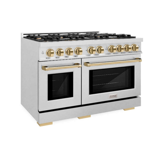 ZLINE 48" Select Dual Fuel Range Gas Cooktop Electric Convection Oven DuraSnow® Stainless Steel Gold HDRSZ-48-G