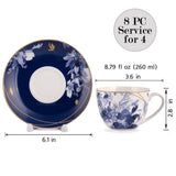 Mizuki Blue Porcelain Teacup & Saucer Set of 4