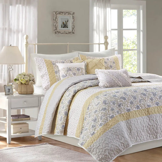 Wholesale 6 Piece Cotton Percale Quilt Set with Throw Pillows, Yellow