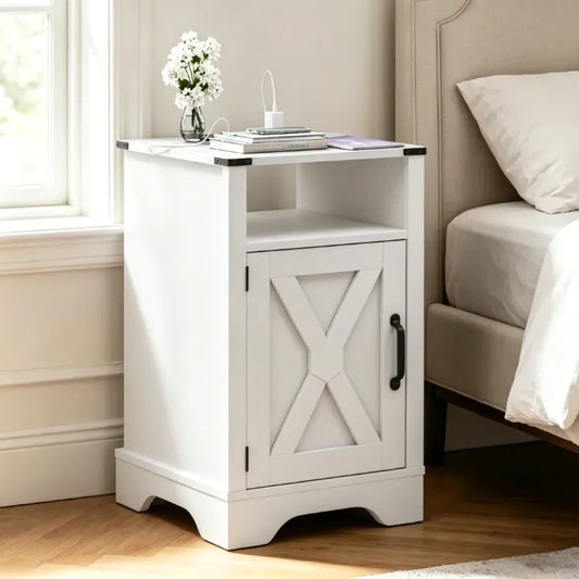 Farmhouse Nightstand, White End Table with Charging Station