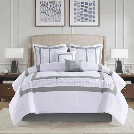 8 Piece Embroidered Comforter Set, White