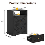 Large Nightstand with 2 Drawers, Side Table with Charging