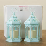 Led Blue Hexagon Distressed Lantern (Set of 2)