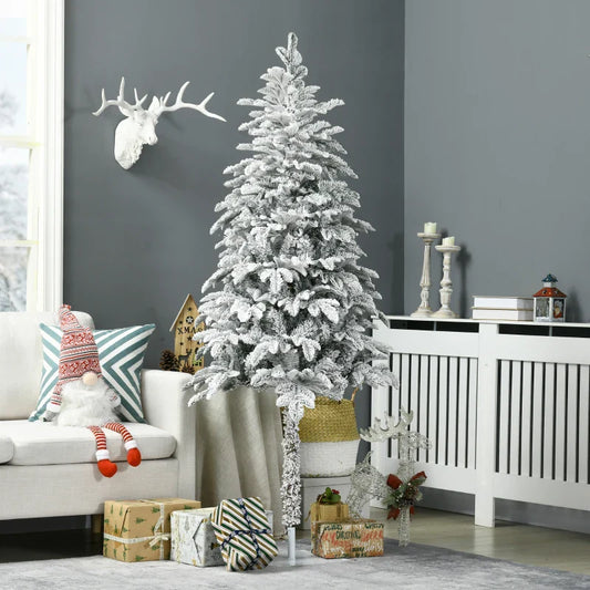 HOMCOM 6' Artificial Flocked Christmas Trees, with Snow Frosted Branches, Auto Open, Steel Base