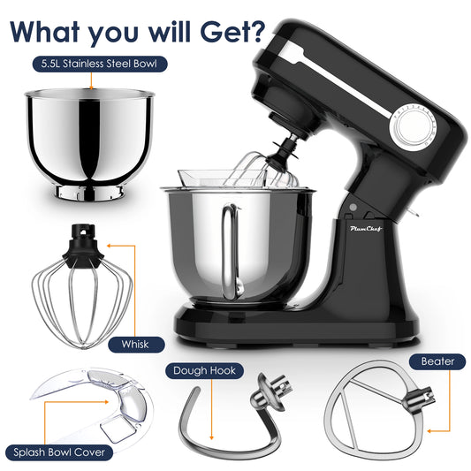 Plum Chef 5.5QT Electric Stand Mixer, 12-Speed Tilt-Head Food Mixer, Dough Mixer with Dishwasher Safe Stainless Steel Bowls, Dough Hook, Flat Beater, Whisk, Perfect for 4-6 Family, Black