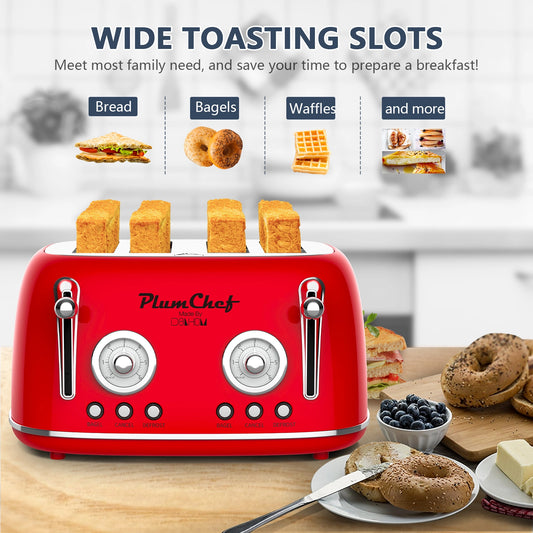 Plum Chef 4 Slice Retro Style Toaster, Dual Control Toaster, 6 Browning Settings, Bagel/Defrost Functions, Removable Crumb Tray, Stainless Steel Housing 1650W, Red