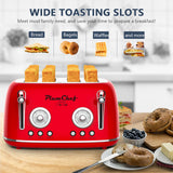 Plum Chef 4 Slice Retro Style Toaster, Dual Control Toaster, 6 Browning Settings, Bagel/Defrost Functions, Removable Crumb Tray, Stainless Steel Housing 1650W, Red
