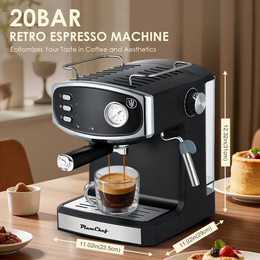 Plum Chef 20 Bar Espresso Machine for home- Professional Compact Espresso Maker with Milk Frother Steam Wand, Pressure Gauge & 54oz Large Water Tank, Low Noise Fast Brewing for Cappuccino, Latte