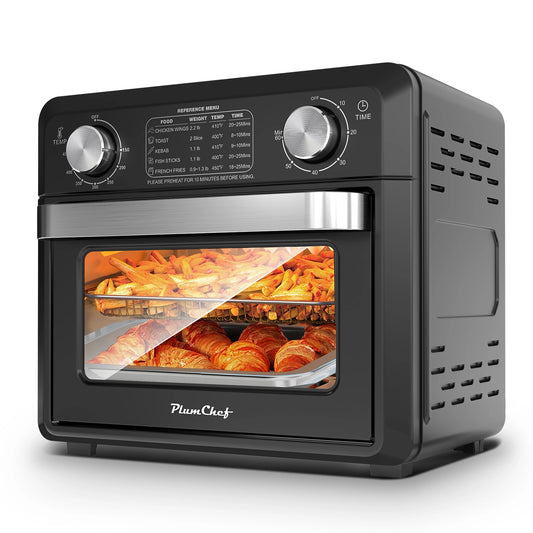 Plum Chef Air Fryer Toaster Oven 11QT, 5-in-1 Countertop Oven with Rapid Air Circulation, Air Fry, Bake, Broil, Dehydrate, Toast, for 1-2 People, 1000W, Oil-Free, Includes Frying Basket & Baking Pan, Black