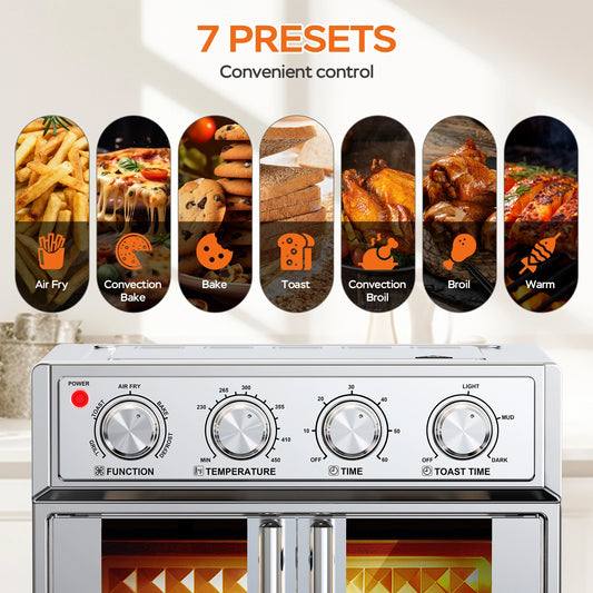PlumChef 29.5QT Large Capacity French Door Air Fryer Toaster Oven, 7-in-1 Countertop Convection Oven with 7 Preset Menus, 1700W, Stainless Steel