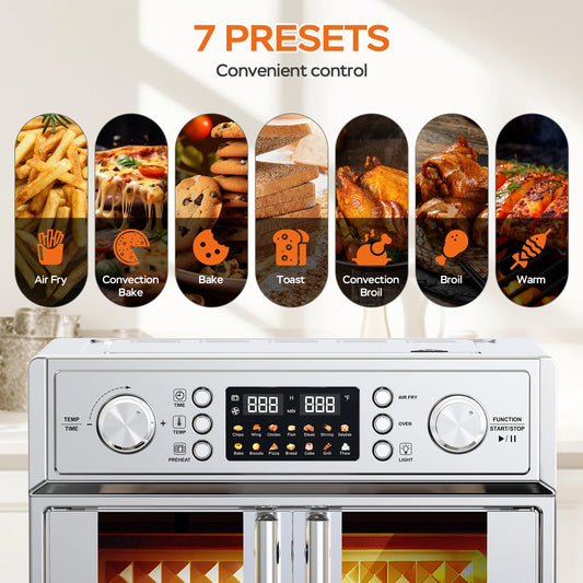 PlumChef 29.5QT Large Capacity Air Fryer Toaster Oven, 14 Preset Menus, 7-in-1 Countertop Convection Oven with French Doors, 1700W, Stainless Steel