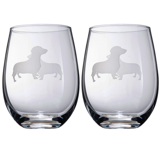Set of 2 Dog Daschund Stemless Wine Glasses