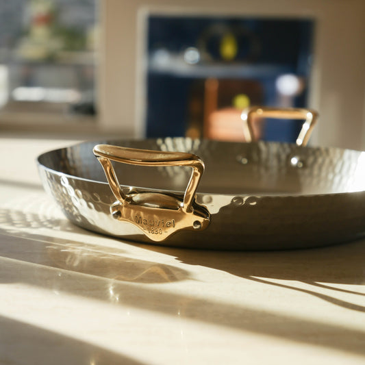 Mauviel M'ELITE B Hammered 5-Ply Paella Pan With Brass Handles