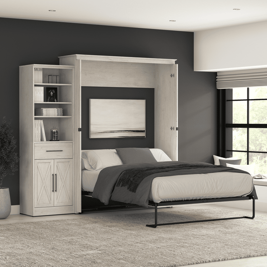 Murphy Bed with Storage Tower Linen White Oak, Queen Size