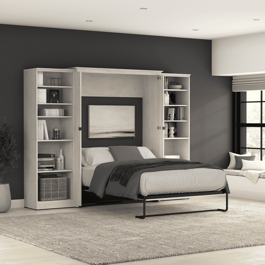 Murphy Bed with Storage Towers Line White Oak, Full Size