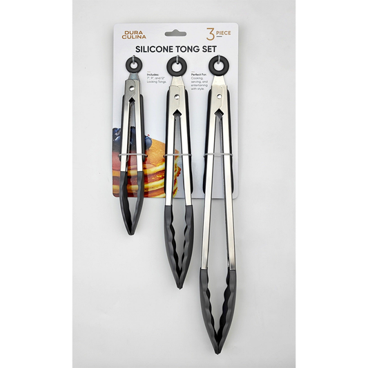 3-Piece Kitchen Tong Set for Versatile Cooking & Serving (Grey)