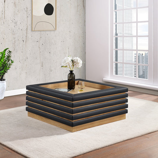 Rory Coffee Table - Contemporary Oak Veneer Design with Stylish Vegan Leather Accents, 39"x39"