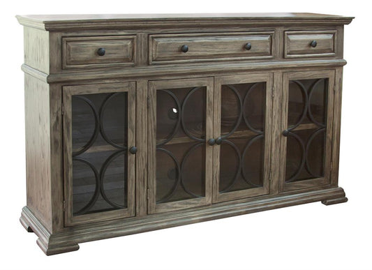 4 Glass Doors 3 Drawers Console Table - Solid Pine Wood