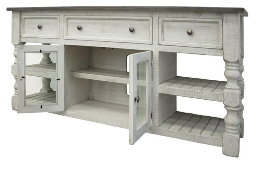 3 Drawer 2 Glass Doors 70" TV Stand | Farmhouse Stone Collection
