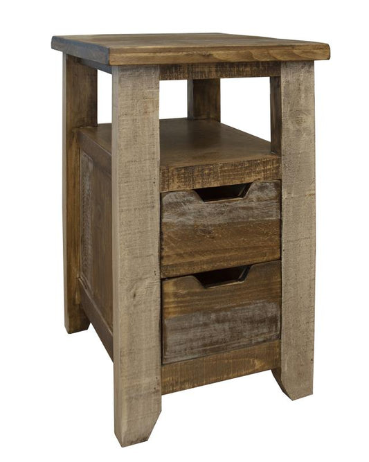 2 Drawer Chairside Table - Antique Solid Pine Rustic Design