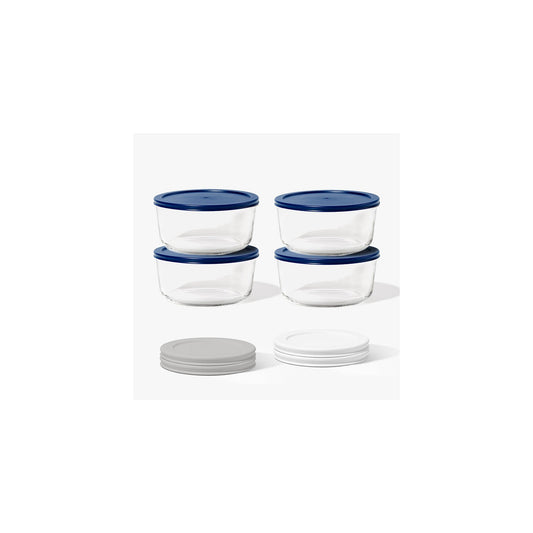 8 Piece Set (6.55 Cup / 52.4Oz) Round Glass Storage Containers With Lids, Grey