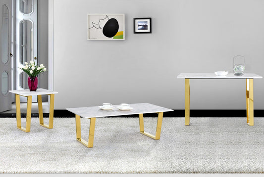 Cameron Contemporary End Table - Gold Stainless Steel & Stunning Marble Veneer Design, 20”W x 22”H