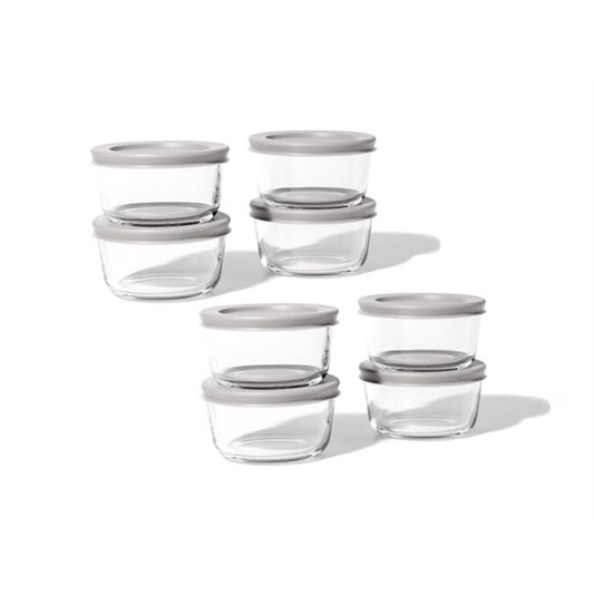 16 Piece Set (7Oz) Round Glass Storage Containers With Lids, Grey